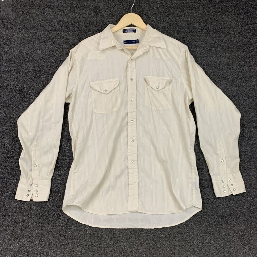 Vtg Men’s Panhandle Slim Pearl Snap Cream Cowboy Shirt SZ L / 16.5 -35 Silver